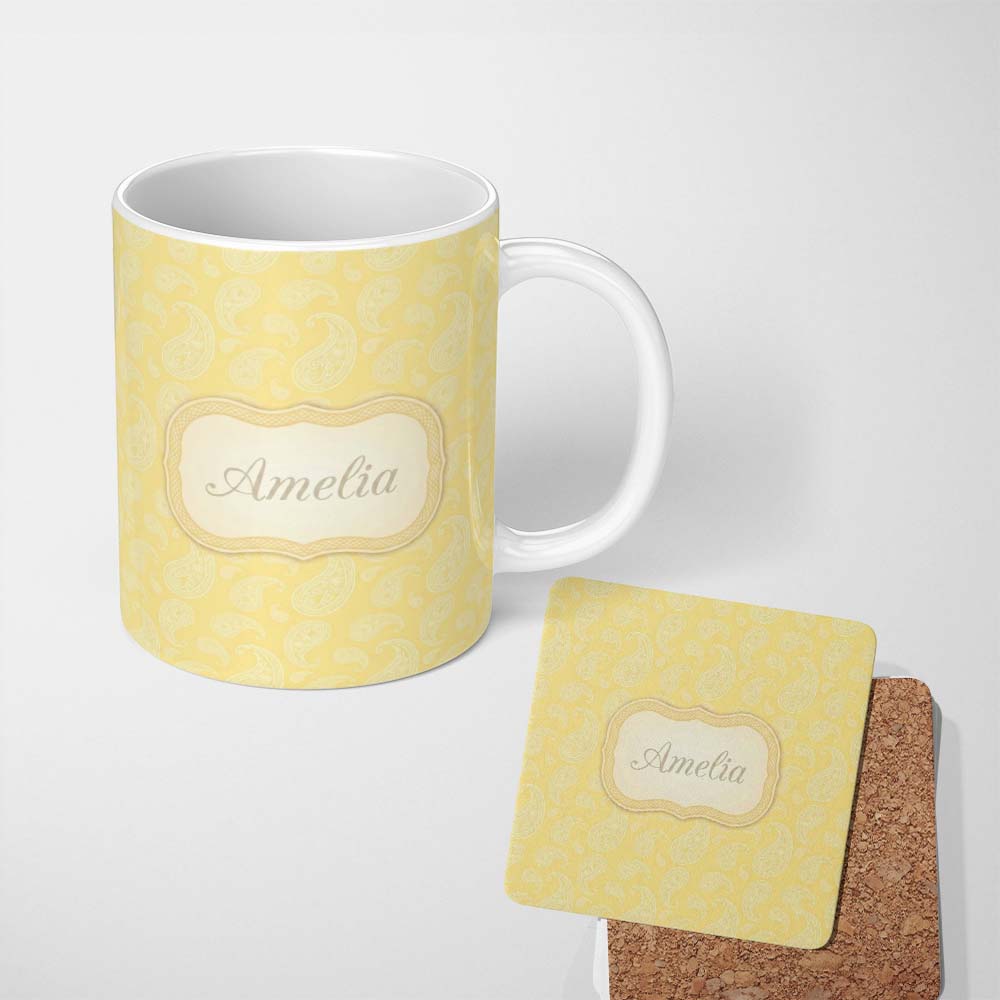 Personalized Custom Name Yellow Paisley Floral Seamless Pattern Elegant Decorative Design 11oz Ceramic Coffee Tea Mug White Large Handle