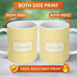 Personalized Custom Name Yellow Paisley Floral Seamless Pattern Elegant Decorative Design 11oz Ceramic Coffee Tea Mug White Large Handle