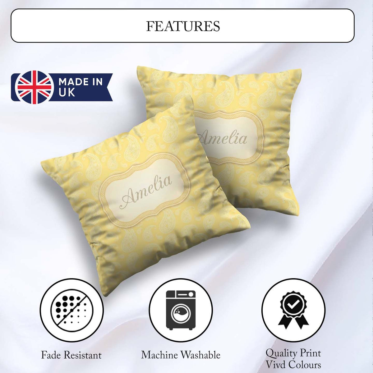 Custom Name Yellow Paisley Seamless Pattern Elegant Decorative Square Filled Cushion Throw Pillow Sofa Bed Home Decor Zip Washable UK Made