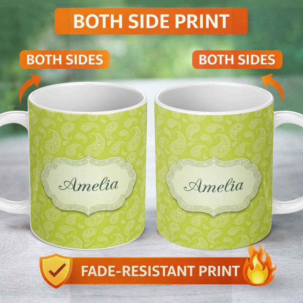 Personalized Custom Name Green Paisley Floral Seamless Pattern Elegant Decorative Design 11oz Ceramic Coffee Tea Mug White Large Handle