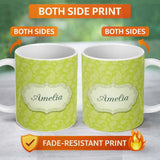 Personalized Custom Name Green Paisley Floral Seamless Pattern Elegant Decorative Design 11oz Ceramic Coffee Tea Mug White Large Handle