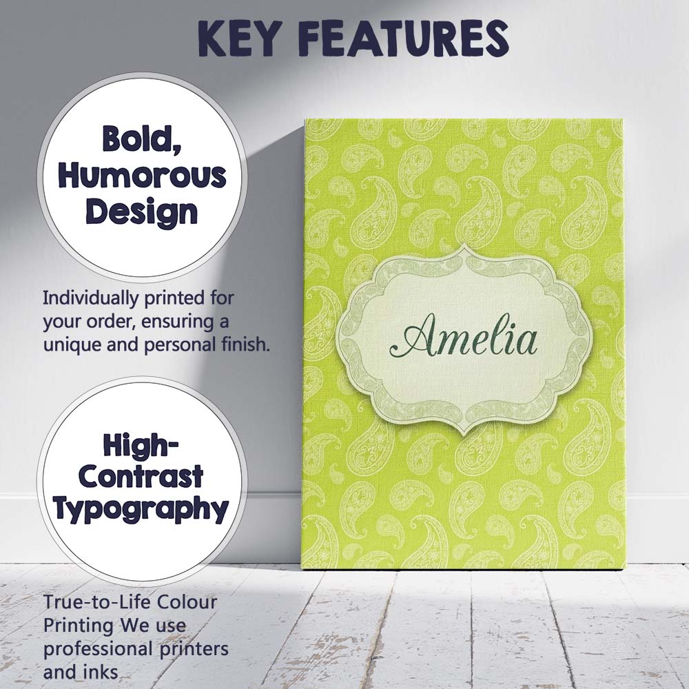 Personalised Name Green Paisley Floral Custom  Modern Room Accent Elegant Feature Canvas Wall Art Print Decor Picture Ready to Hang