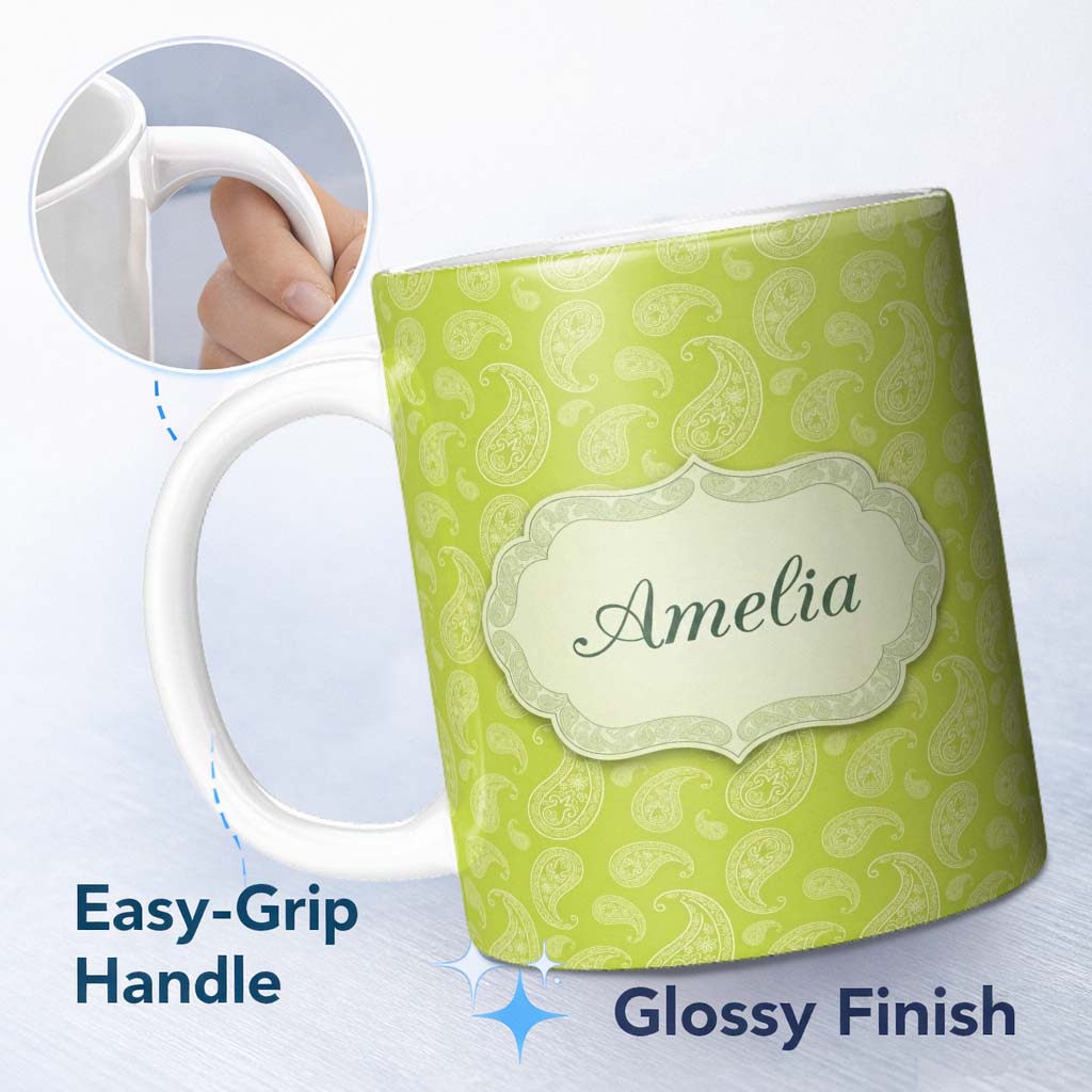 Personalized Custom Name Green Paisley Floral Seamless Pattern Elegant Decorative Design 11oz Ceramic Coffee Tea Mug White Large Handle