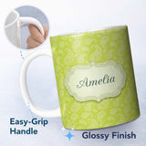 Personalized Custom Name Green Paisley Floral Seamless Pattern Elegant Decorative Design 11oz Ceramic Coffee Tea Mug White Large Handle