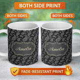 Personalized Custom Name Black White Paisley Bandana Style Seamless Pattern Classic 11oz Ceramic Coffee Tea Mug White Large Handle