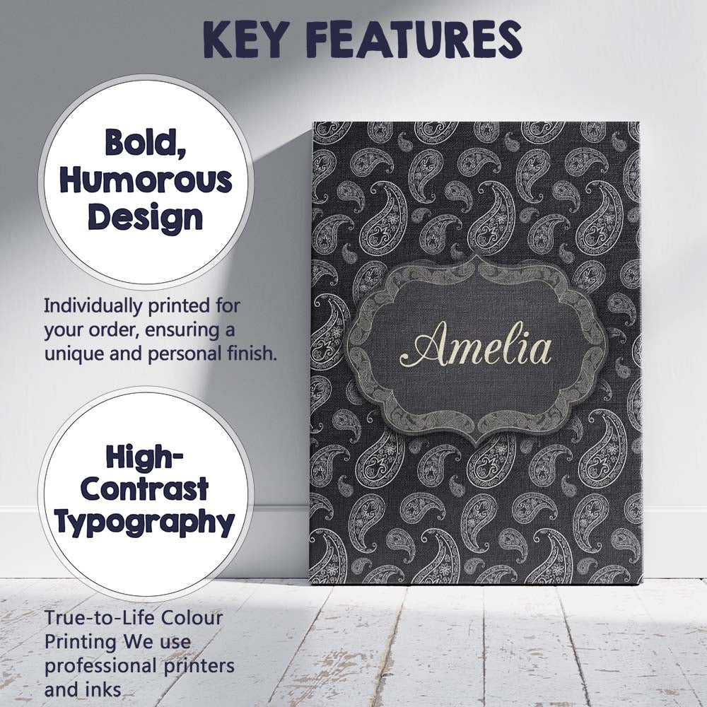 Personalised Name Black White Paisley Custom Modern Room Accent Creative Decorator Style Canvas Wall Art Print Decor Picture Ready to Hang