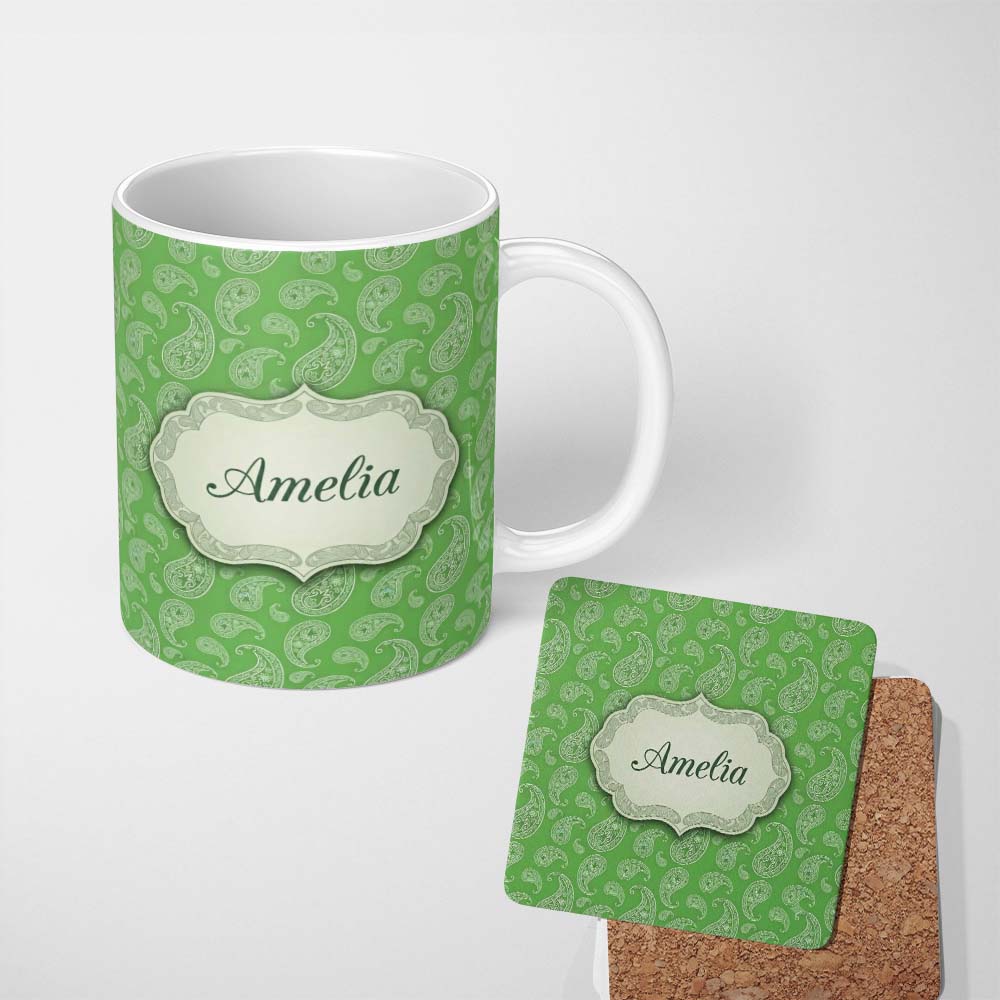 Personalized Custom Name Green Paisley Bandana Floral Ornamental Seamless Pattern Design 11oz Ceramic Coffee Tea Mug White Large Handle