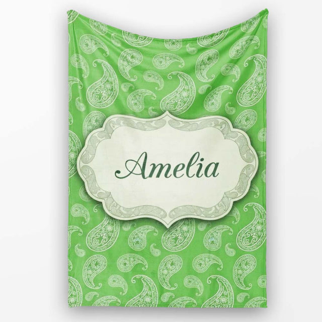 Green Paisley Bandana Floral Ornamental Seamless Pattern Design  Personalised Custom Name Super Soft Fleece Blanket Bed Sofa Throw