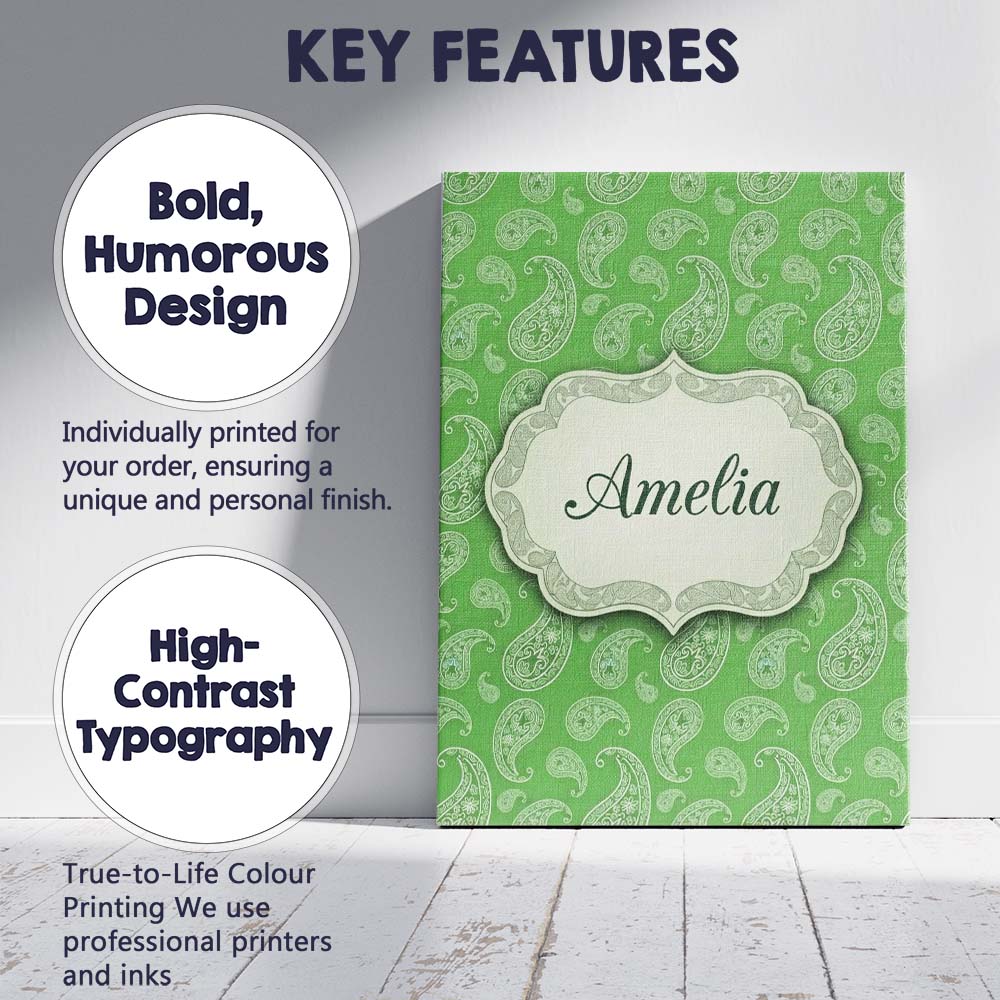 Personalised Name Green Paisley Bandana Custom  Modern Room Accent Elegant Feature Canvas Wall Art Print Decor Picture Ready to Hang
