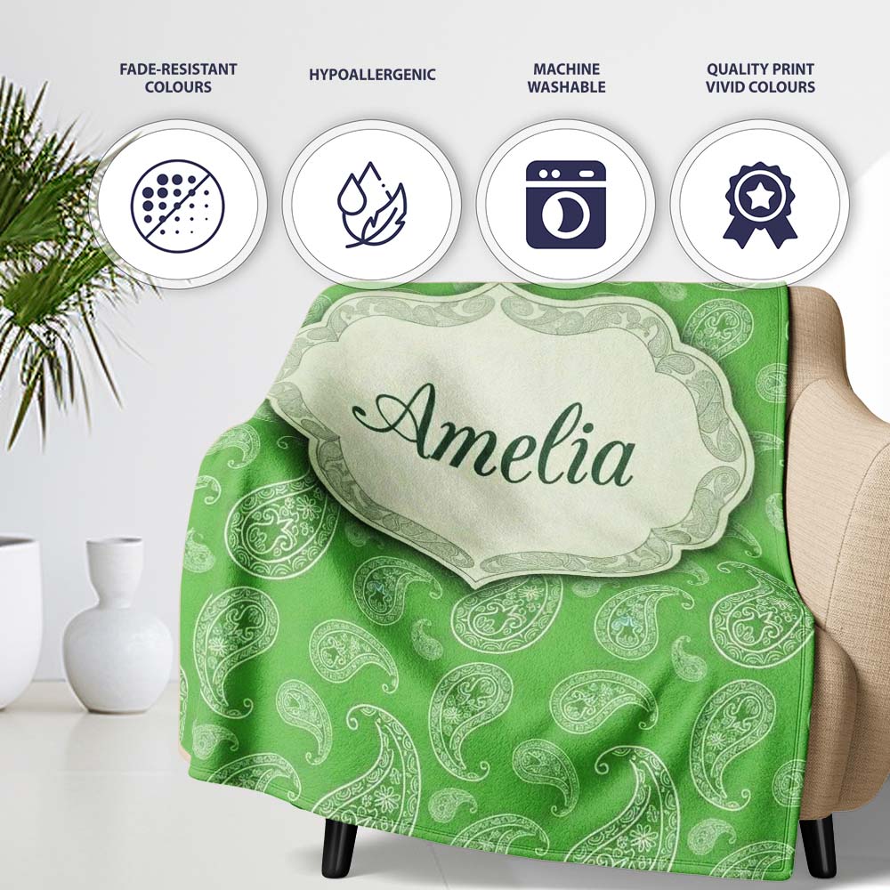 Green Paisley Bandana Floral Ornamental Seamless Pattern Design  Personalised Custom Name Super Soft Fleece Blanket Bed Sofa Throw