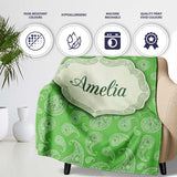 Green Paisley Bandana Floral Ornamental Seamless Pattern Design  Personalised Custom Name Super Soft Fleece Blanket Bed Sofa Throw