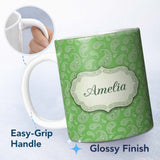 Personalized Custom Name Green Paisley Bandana Floral Ornamental Seamless Pattern Design 11oz Ceramic Coffee Tea Mug White Large Handle