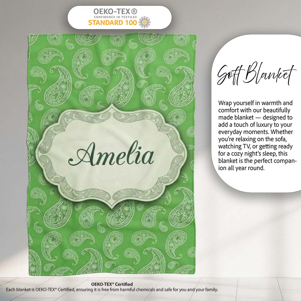 Green Paisley Bandana Floral Ornamental Seamless Pattern Design  Personalised Custom Name Super Soft Fleece Blanket Bed Sofa Throw