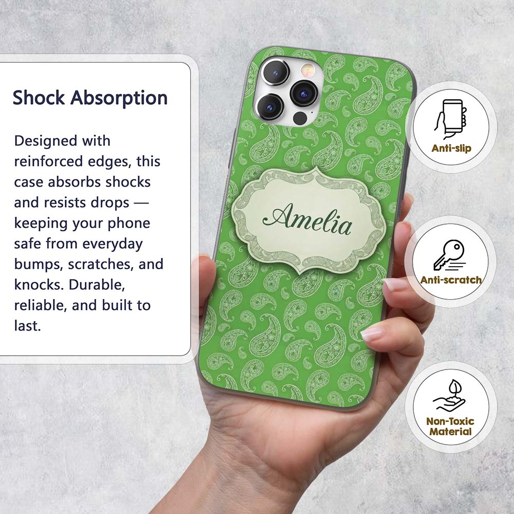 Green Paisley Bandana Floral Ornamental Seamless Custom Name Protective Phone Case Mobile Cover Durable Everyday Smartphone Shock Resistant