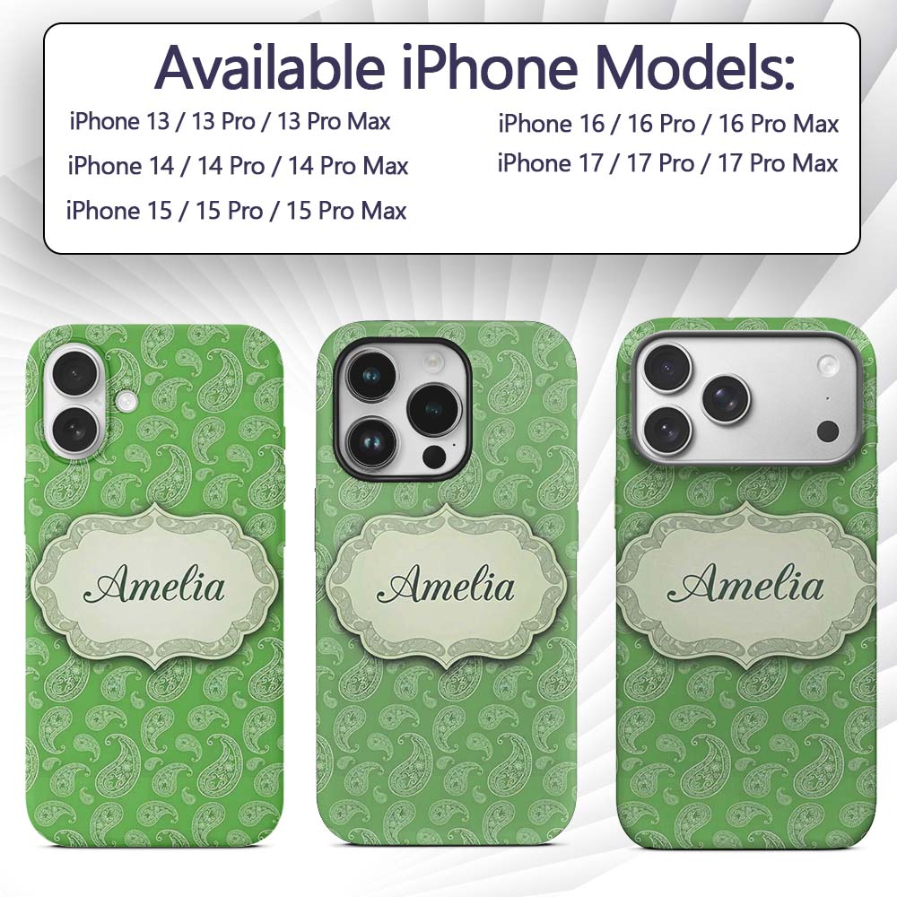 Green Paisley Bandana Floral Ornamental Seamless Custom Name Protective Phone Case Mobile Cover Durable Everyday Smartphone Shock Resistant