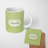 Personalized Custom Name Soft Mint Paisley Vintage Floral Seamless Pattern Design Name Cute 11oz Ceramic Coffee Tea Mug White Large Handle