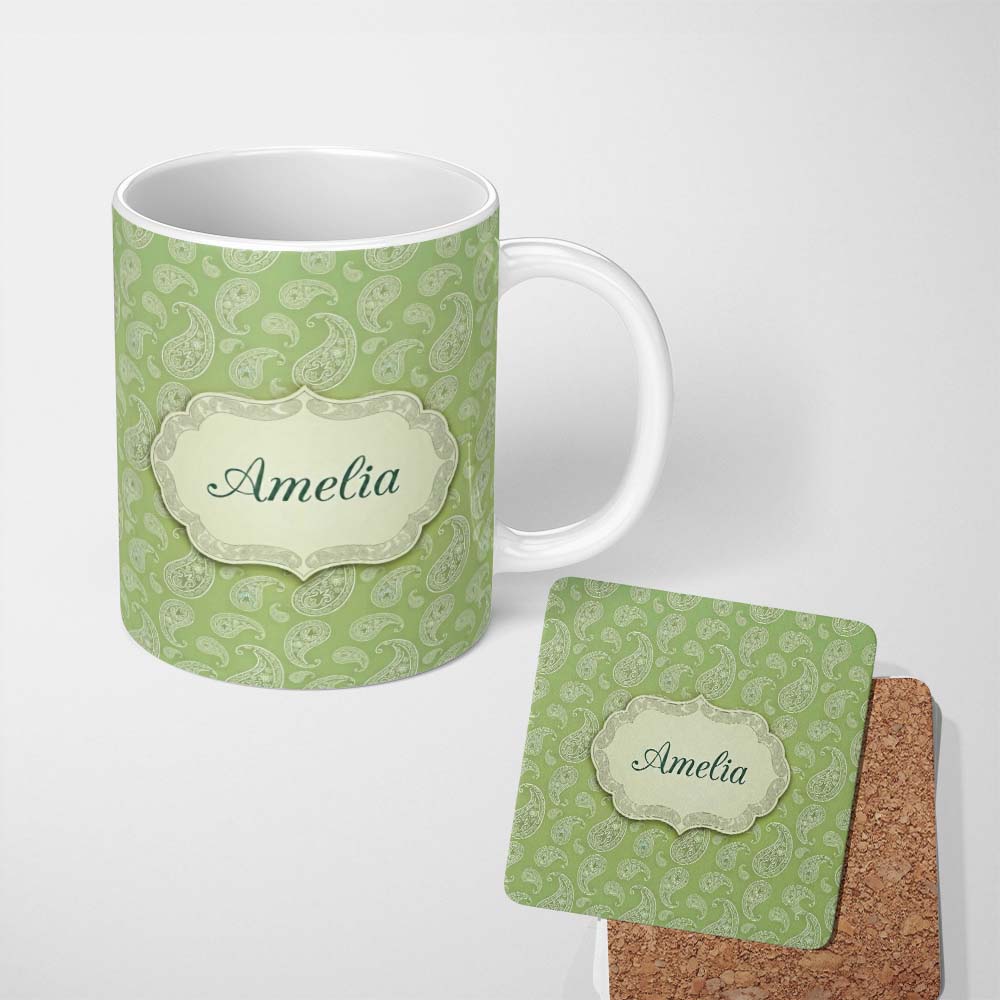 Personalized Custom Name Light Green Paisley Decorative Bandana Style Seamless Pattern Name 11oz Ceramic Coffee Tea Mug White Large Handle