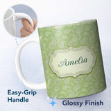 Personalized Custom Name Light Green Paisley Decorative Bandana Style Seamless Pattern Name 11oz Ceramic Coffee Tea Mug White Large Handle