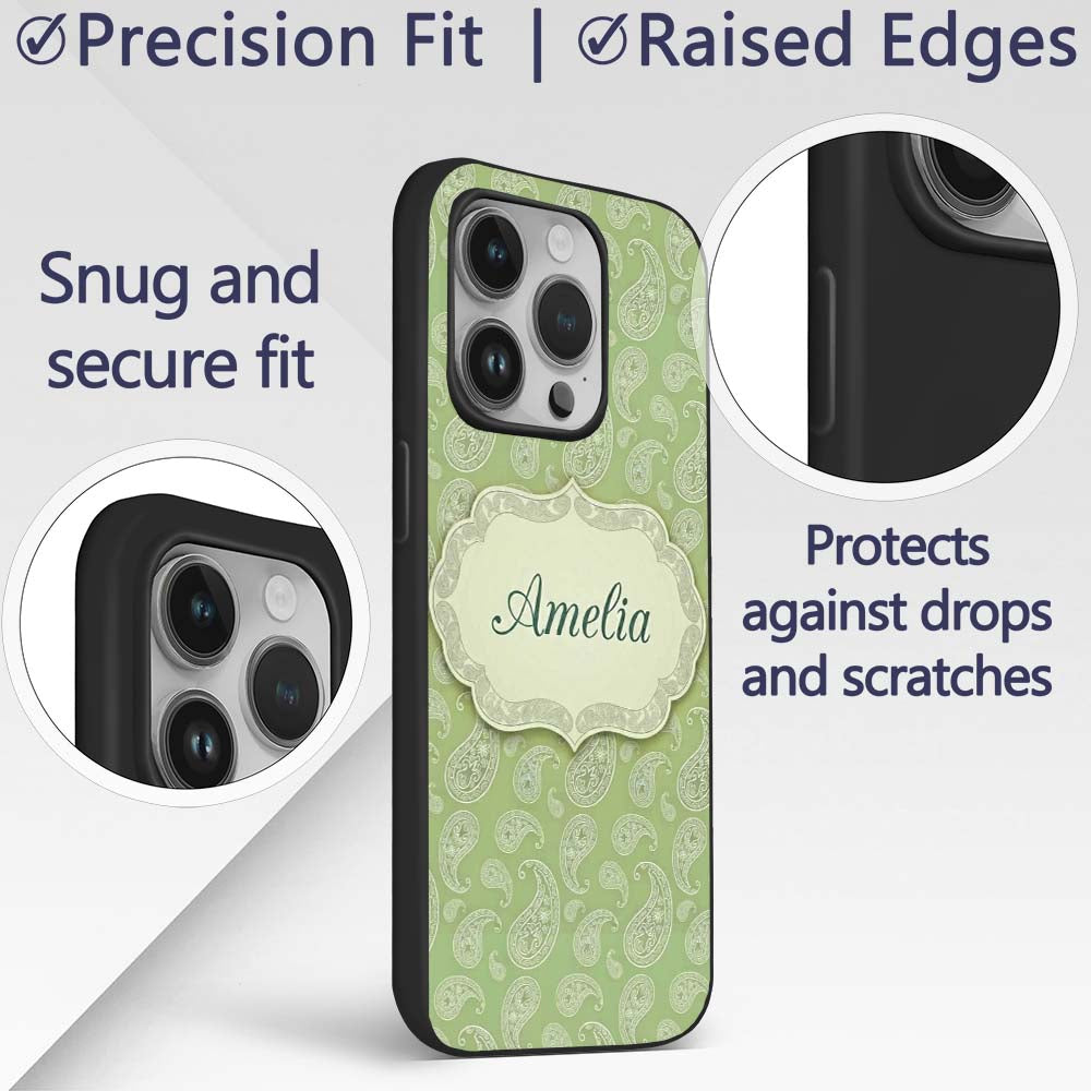 Light Green Paisley Decorative Bandana Style Custom Name Protective Phone Case Mobile Cover Durable Everyday Smartphone Shock Resistant