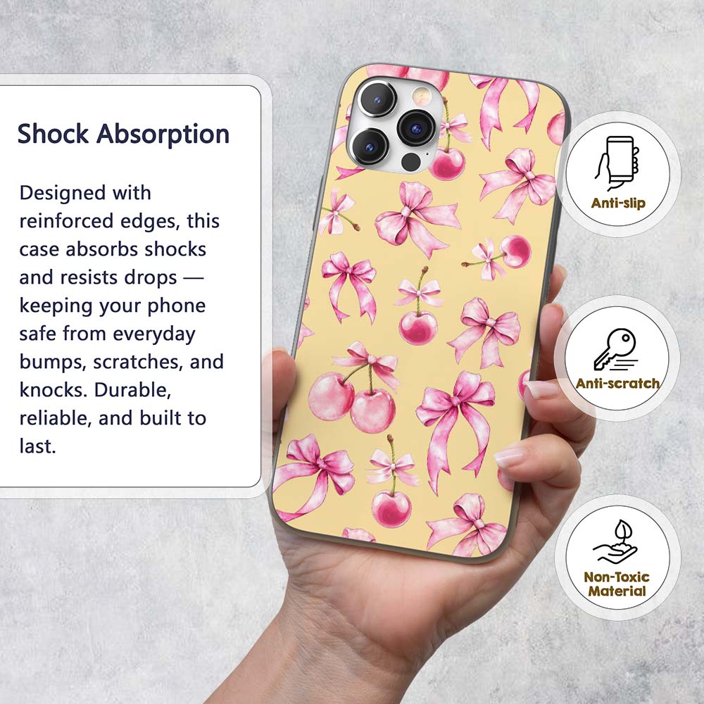 Watercolor Pink Cherry Ribbon Bow Printed Design Custom Name Protective Phone Case Mobile Cover Durable Everyday Smartphone Shock Resistant