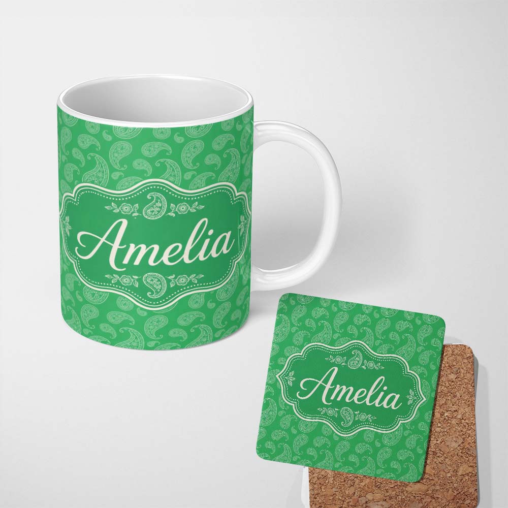 Personalized Custom Name Bright Green Paisley Classic Ornamental Seamless Pattern Name Cute 11oz Ceramic Coffee Tea Mug White Large Handle