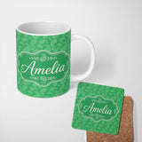 Personalized Custom Name Bright Green Paisley Classic Ornamental Seamless Pattern Name Cute 11oz Ceramic Coffee Tea Mug White Large Handle