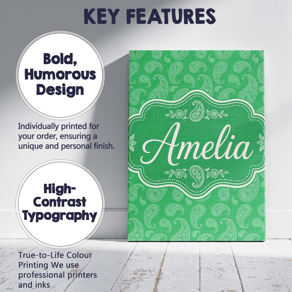 Personalised Name Bright Green Paisley Custom  Modern Room Accent Elegant Feature Canvas Wall Art Print Decor Picture Ready to Hang