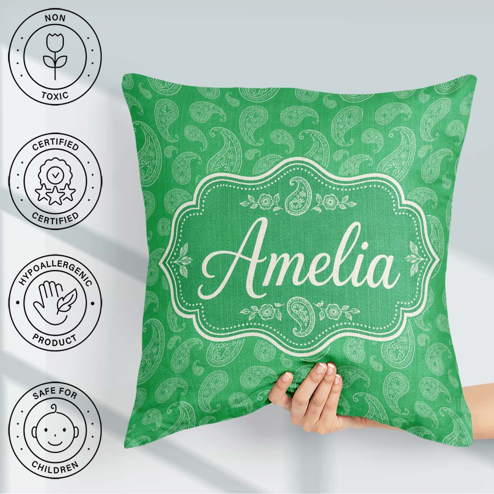 Custom Name Bright Green Paisley Classic Ornamental Pattern Name Square Filled Cushion Throw Pillow Sofa Bed Home Decor Zip Washable UK Made
