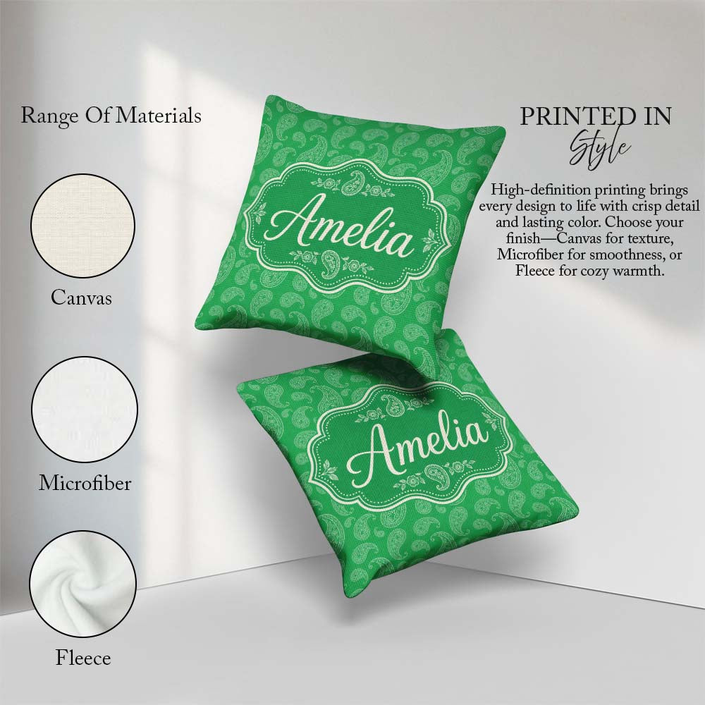 Custom Name Bright Green Paisley Classic Ornamental Pattern Name Square Filled Cushion Throw Pillow Sofa Bed Home Decor Zip Washable UK Made