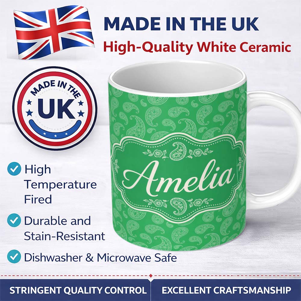 Personalized Custom Name Bright Green Paisley Classic Ornamental Seamless Pattern Name Cute 11oz Ceramic Coffee Tea Mug White Large Handle