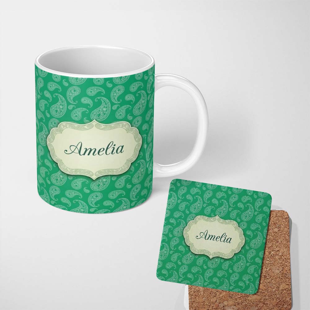Personalized Custom Name Rich Emerald Paisley Vintage Bandana Seamless Pattern Design Name 11oz Ceramic Coffee Tea Mug White Large Handle