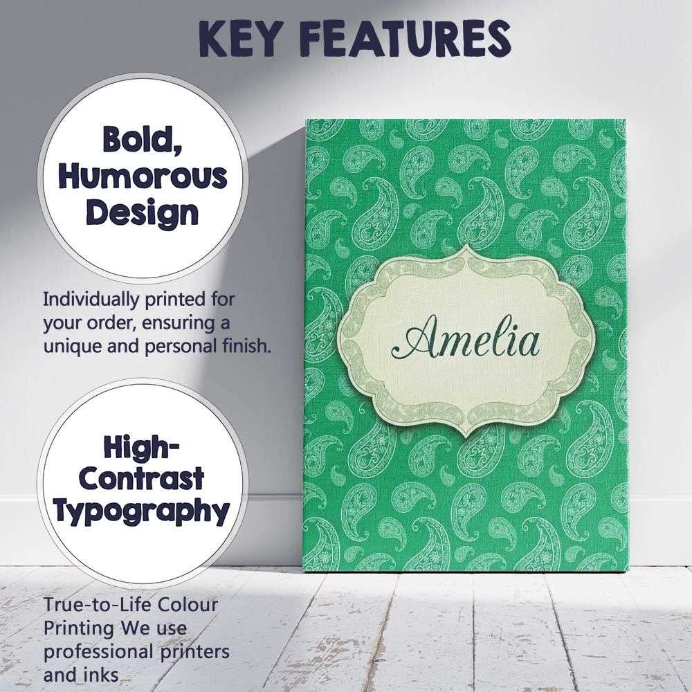 Personalised Name Rich Emerald Paisley Custom  Modern Room Accent Elegant Feature Canvas Wall Art Print Decor Picture Ready to Hang