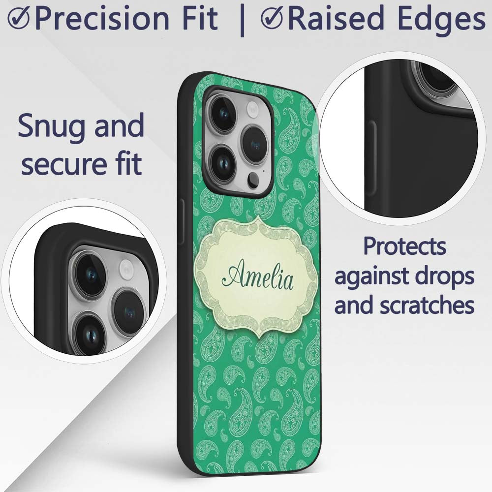 Rich Emerald Paisley Vintage Bandana Seamless Custom Name Protective Phone Case Mobile Cover Durable Everyday Smartphone Shock Resistant
