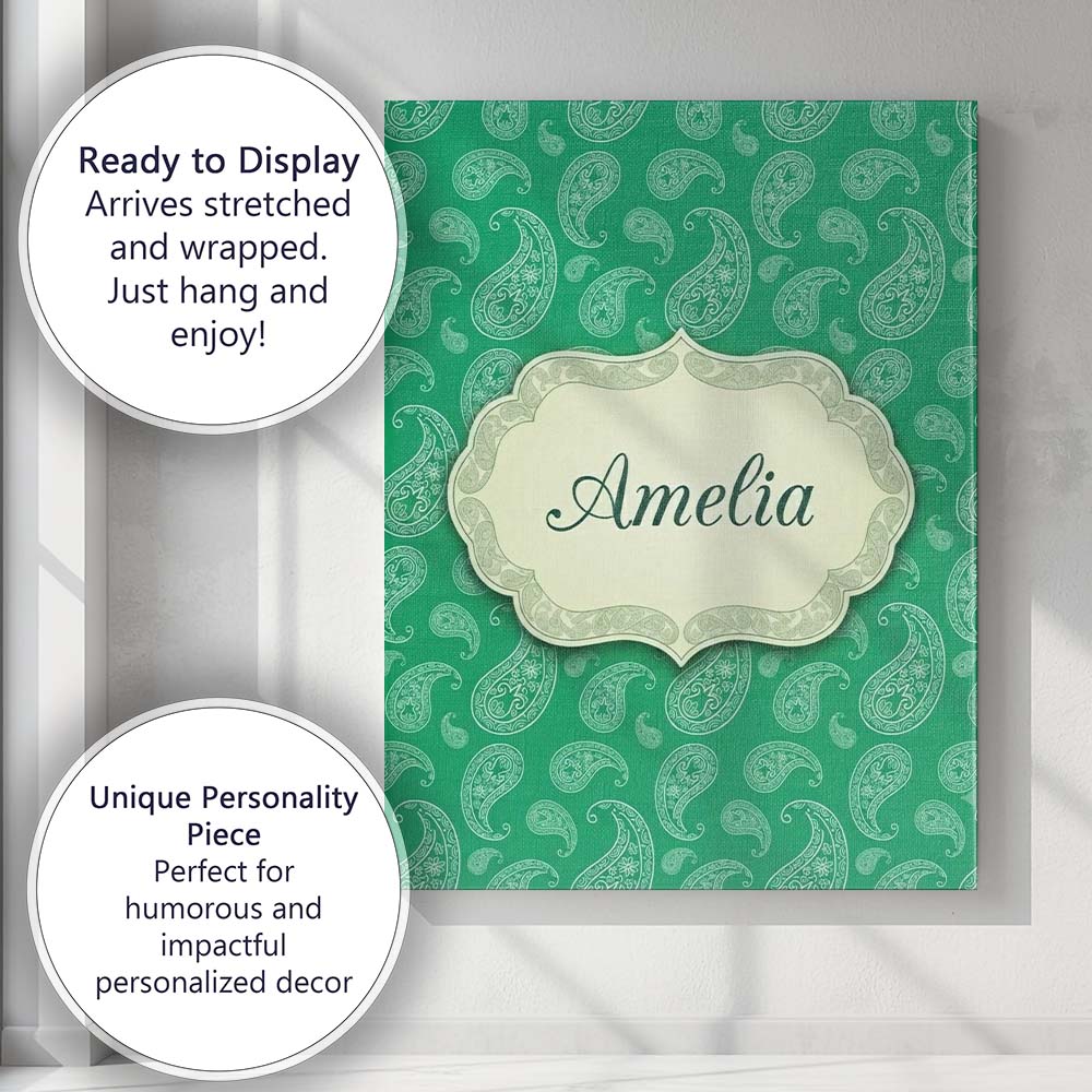 Personalised Name Rich Emerald Paisley Custom  Modern Room Accent Elegant Feature Canvas Wall Art Print Decor Picture Ready to Hang