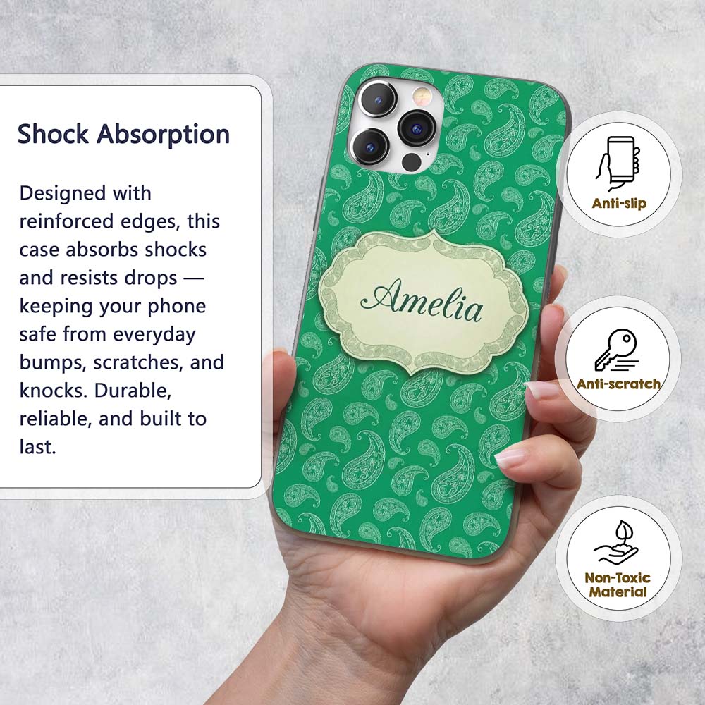 Rich Emerald Paisley Vintage Bandana Seamless Custom Name Protective Phone Case Mobile Cover Durable Everyday Smartphone Shock Resistant