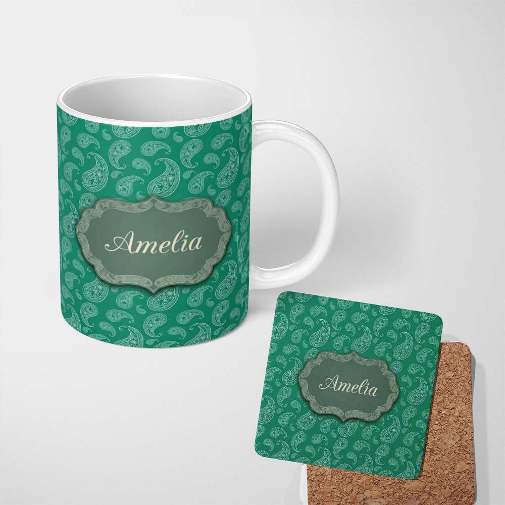Personalized Custom Name Teal Green Paisley Floral Decorative Seamless Pattern Design Name 11oz Ceramic Coffee Tea Mug White Large Handle