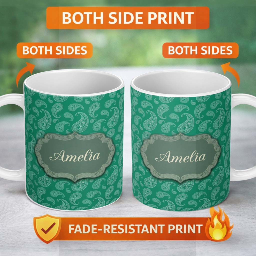 Personalized Custom Name Teal Green Paisley Floral Decorative Seamless Pattern Design Name 11oz Ceramic Coffee Tea Mug White Large Handle