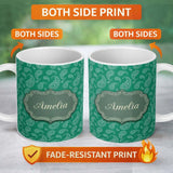 Personalized Custom Name Teal Green Paisley Floral Decorative Seamless Pattern Design Name 11oz Ceramic Coffee Tea Mug White Large Handle