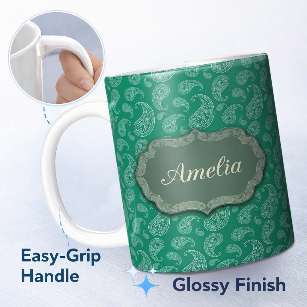 Personalized Custom Name Teal Green Paisley Floral Decorative Seamless Pattern Design Name 11oz Ceramic Coffee Tea Mug White Large Handle