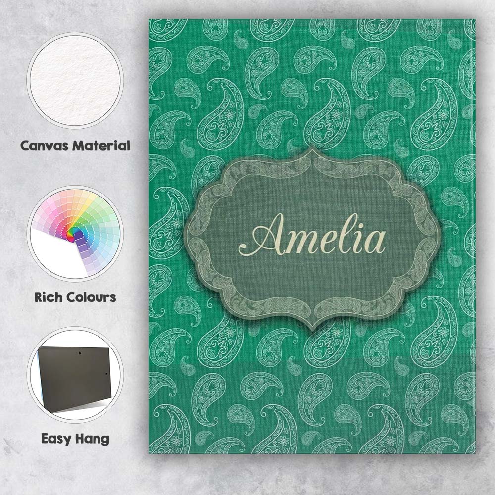 Personalised Name Teal Green Paisley Floral Custom  Bespoke Interior Contemporary Canvas Wall Art Print Decor Picture Ready to Hang