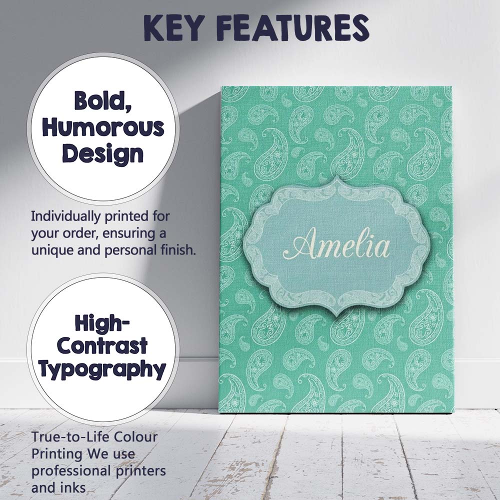 Personalised Name Turquoise Paisley Ornamental Bandana Seamless Creative Decorator Style Canvas Wall Art Print Decor Picture Ready to Hang