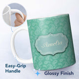 Personalized Custom Name Turquoise Paisley Ornamental Bandana Seamless Pattern Name Cute 11oz Ceramic Coffee Tea Mug White Large Handle
