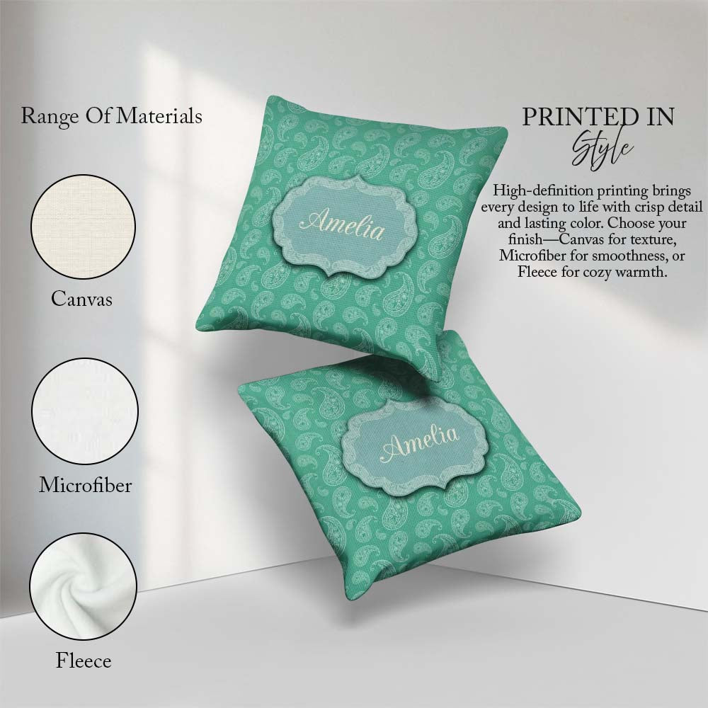 Custom Name Turquoise Paisley Bandana Seamless Pattern Name Cute Square Filled Cushion Throw Pillow Sofa Bed Home Decor Zip Washable UK Made