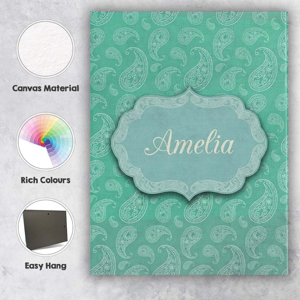 Personalised Name Turquoise Paisley Ornamental Bandana Seamless Creative Decorator Style Canvas Wall Art Print Decor Picture Ready to Hang