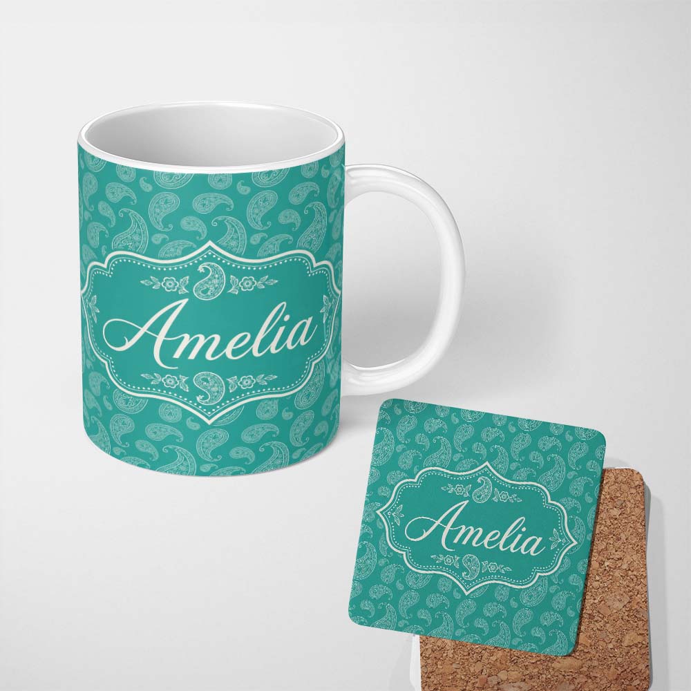 Personalized Custom Name Dark Teal Paisley Classic Floral Seamless Pattern Design Name Cute 11oz Ceramic Coffee Tea Mug White Large Handle