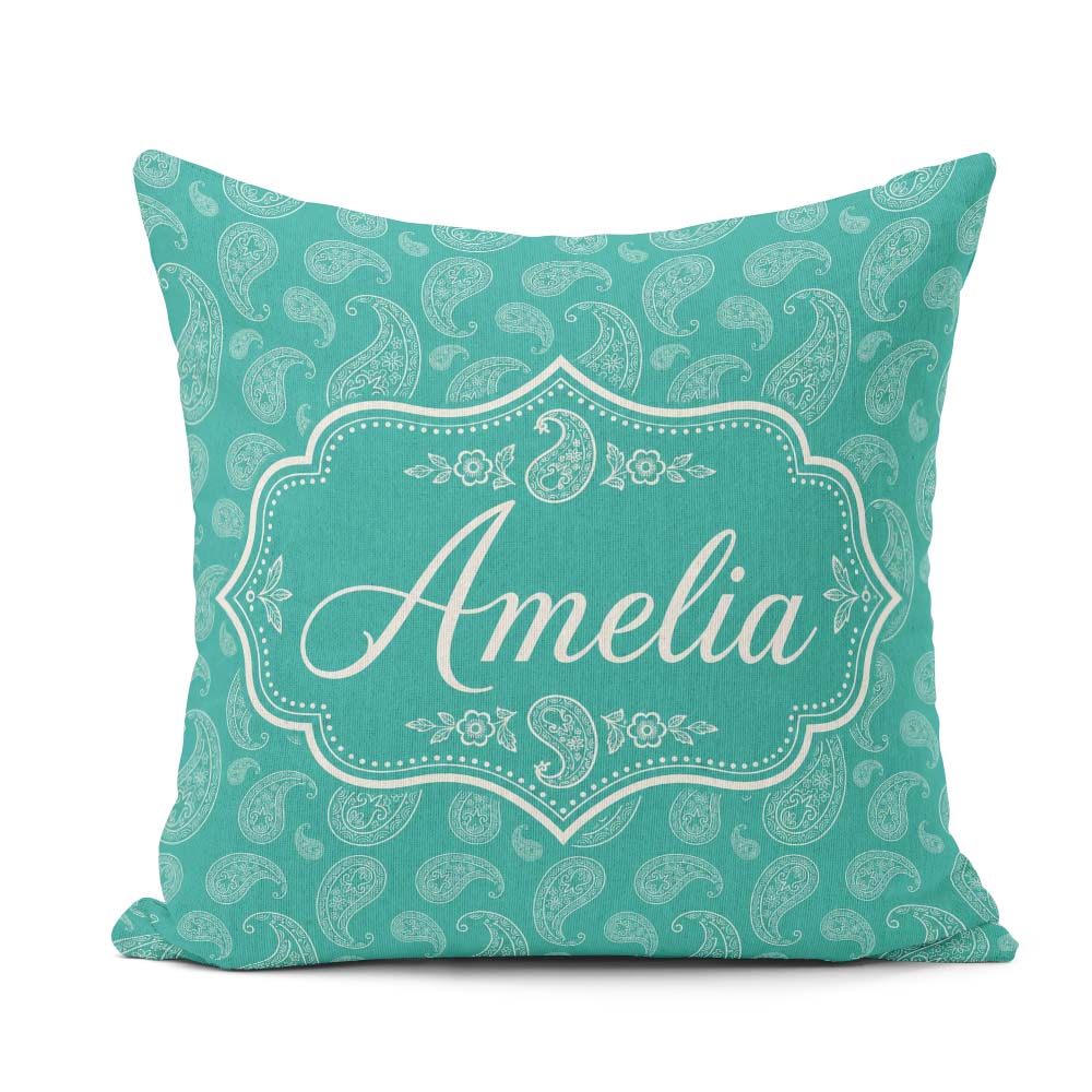 Custom Name Dark Teal Paisley Classic Floral Pattern Design Name Square Filled Cushion Throw Pillow Sofa Bed Home Decor Zip Washable UK Made