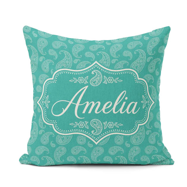 Custom Name Dark Teal Paisley Classic Floral Pattern Design Name Square Filled Cushion Throw Pillow Sofa Bed Home Decor Zip Washable UK Made