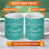 Personalized Custom Name Dark Teal Paisley Classic Floral Seamless Pattern Design Name Cute 11oz Ceramic Coffee Tea Mug White Large Handle