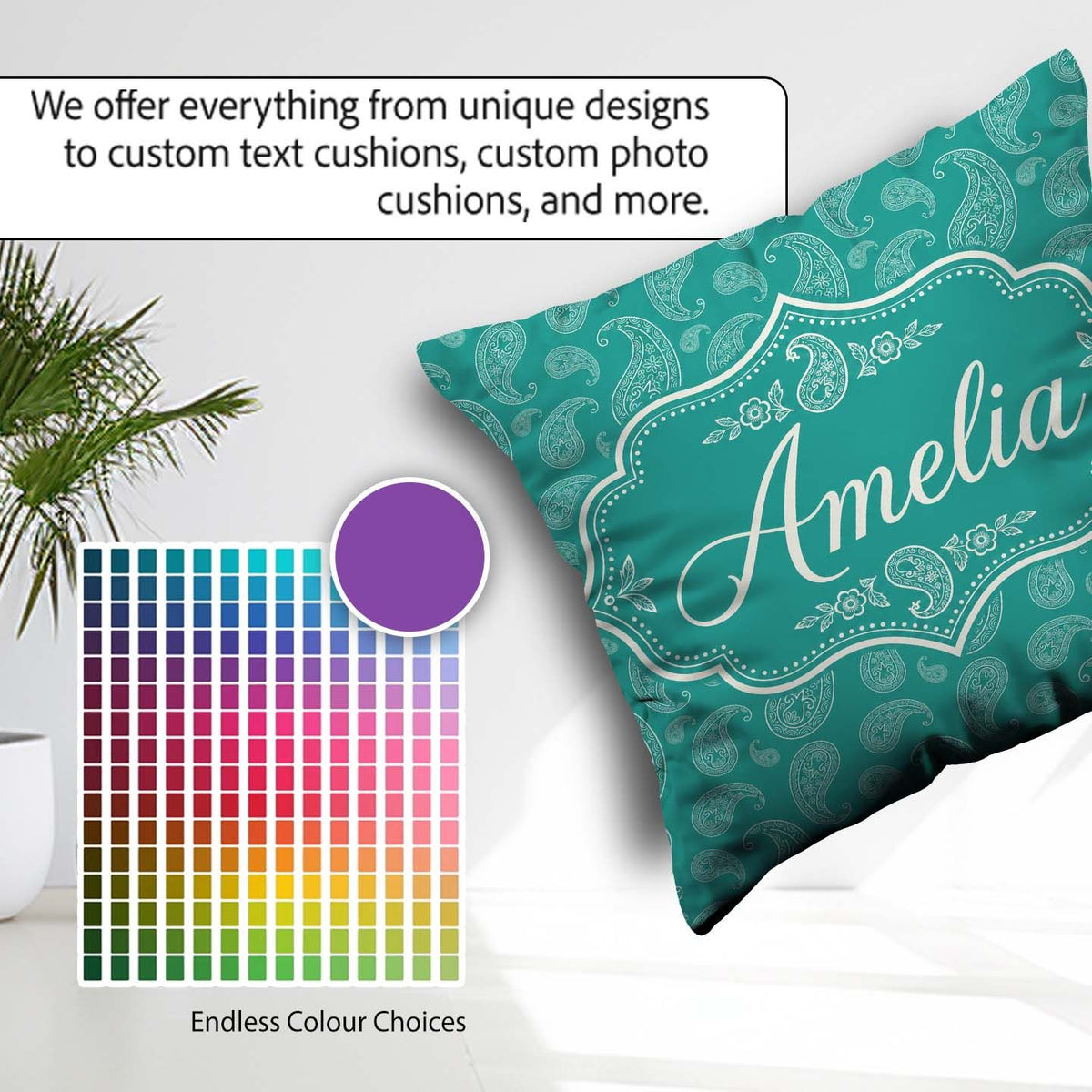 Custom Name Dark Teal Paisley Classic Floral Pattern Design Name Square Filled Cushion Throw Pillow Sofa Bed Home Decor Zip Washable UK Made
