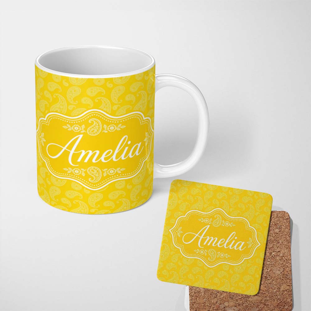 Personalized Custom Name Yellow Paisley Bandana Style Seamless Pattern Bright Ornamental 11oz Ceramic Coffee Tea Mug White Large Handle